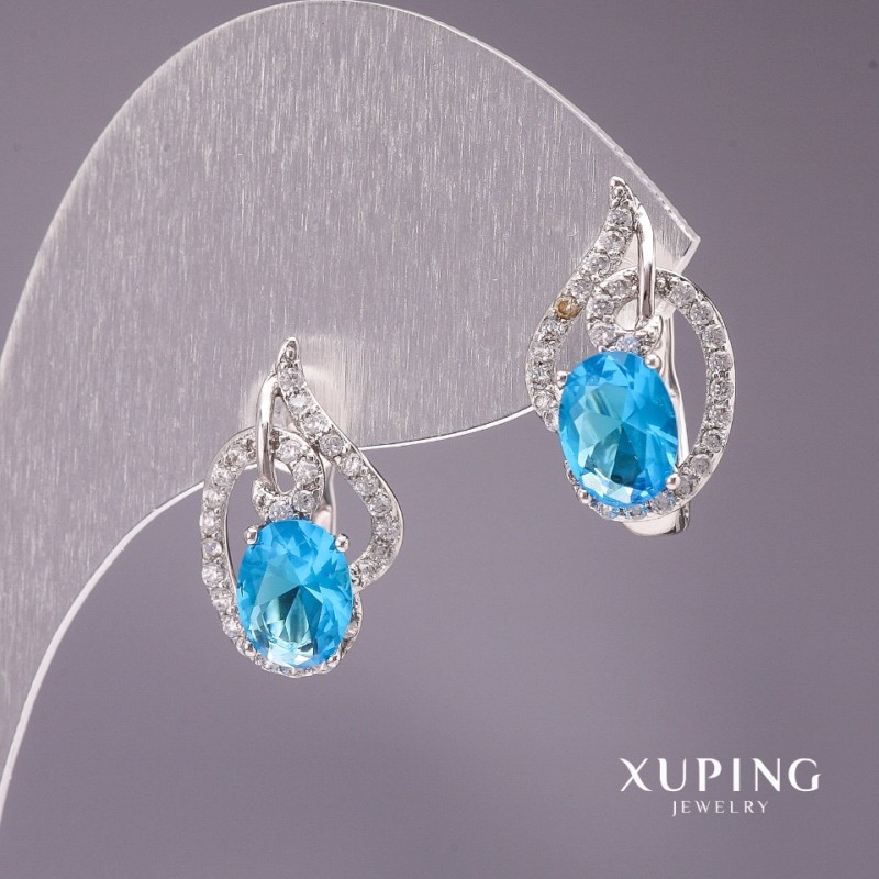 Cercei Xuping cu piatră albastră, 18×10 mm, placare rhodiu