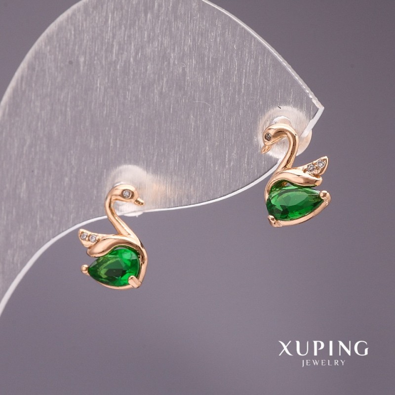 Cercei Xuping cu știfturi în formă de lebede, cu piatră verde, 10×7 mm, placare cu aur 18K