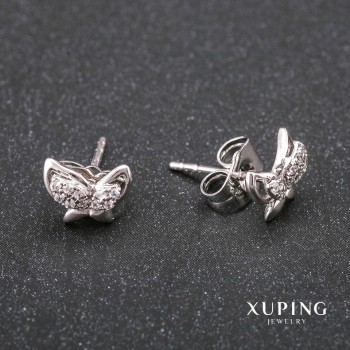 Cercei Xuping cu știfturi, în formă de fluture, cu cristale albe, culoare albă, placate cu rodiu, 9×7 mm