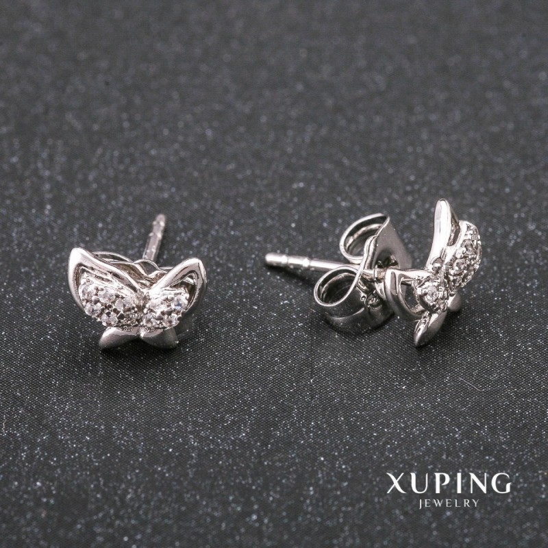 Cercei Xuping cu știfturi, în formă de fluture, cu cristale albe, culoare albă, placate cu rodiu, 9×7 mm
