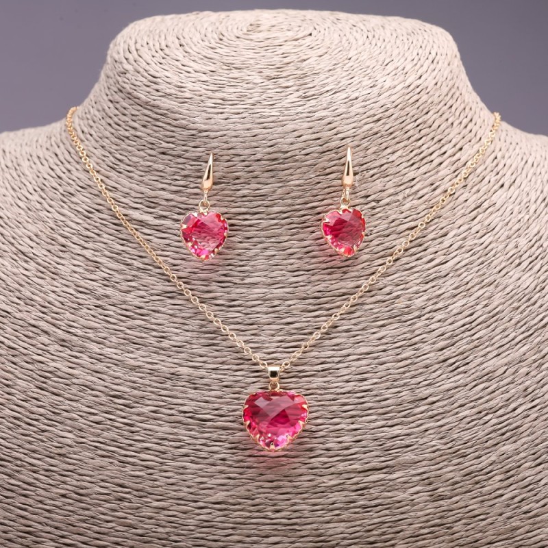 Set Inimă multicolor roz zmeură: pandantiv 19x16 mm și cercei 27x13 mm, lungime 50 cm