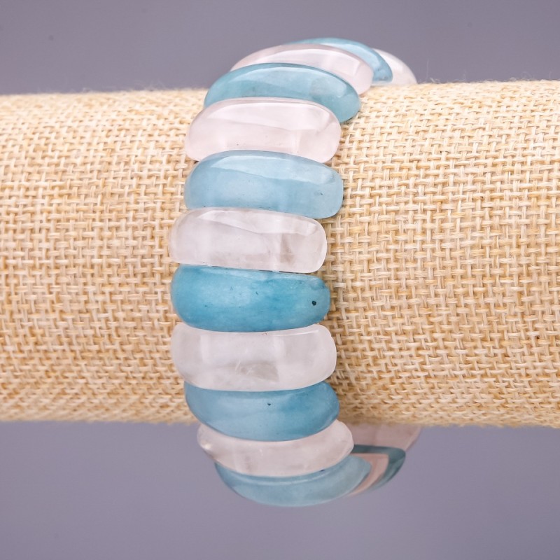 Brățară cu acvamarin și cuarț roz, zale 25×10 mm, lungime 18 cm, pe elastic