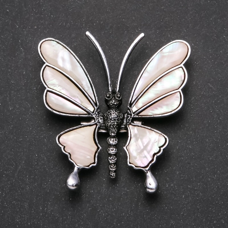 Broșă-pendulă Fluture cu sidef natural, 53×51 mm