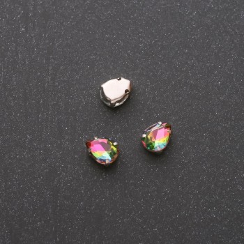Ціна за уп. /10шт. Пришивний кристал в цапі Крапля 6х8мм зелено-рожевий