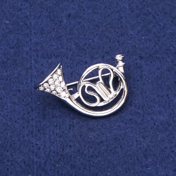 Broșă în formă de corn francez cu strasuri, metal argintiu, 25x35 mm