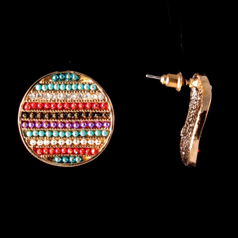 Cercei cu știft «Monede», strasuri colorate, metal placat cu aur, 25 mm