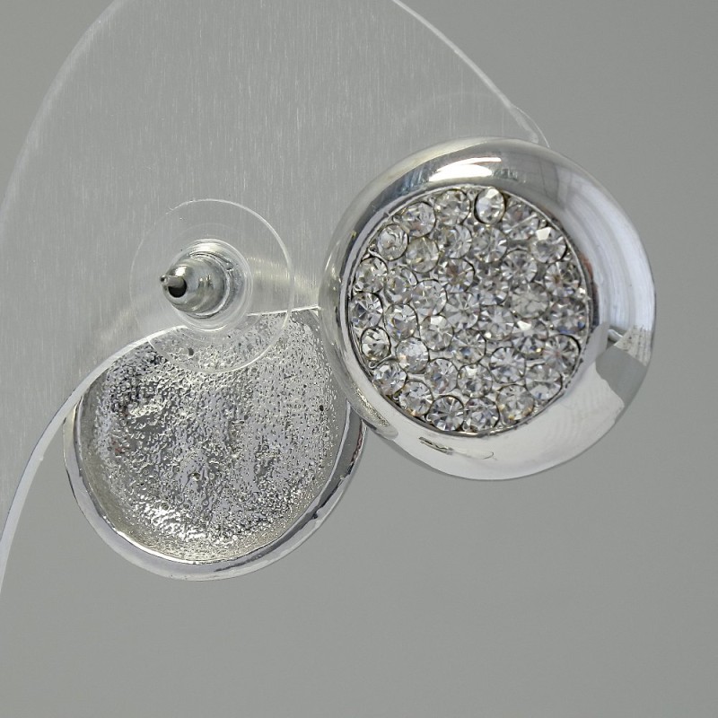 Cercei buton Col, cu pietre albe, metal placat cu argint, 2 cm