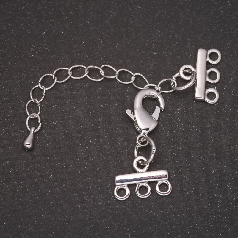 Încuietoare pentru brățări și mărgele pe 3 fire, din metal argintiu, cu lanț extensor, diametrul 10x14 mm, lungimea 5 cm