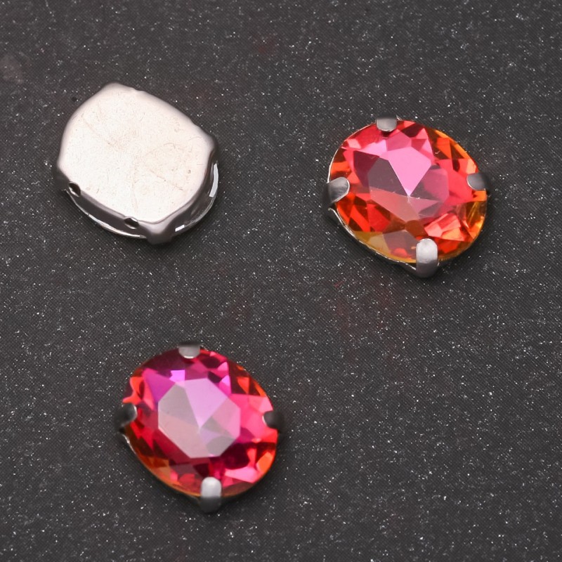 Preț per set de 10 bucăți. Cristal cusut în capă, oval, 10×12 mm, roșu zmeură-portocaliu