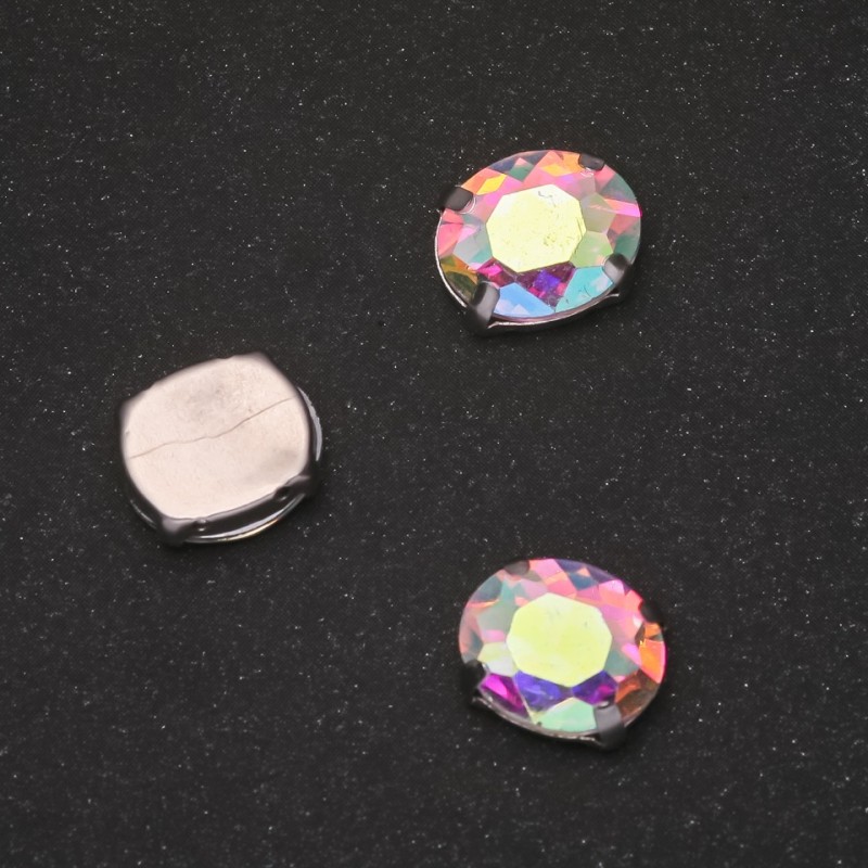 Preț pentru pachet / 10 buc. Cristal cusut în capsa, oval 8×10 mm, irizat curcubeu