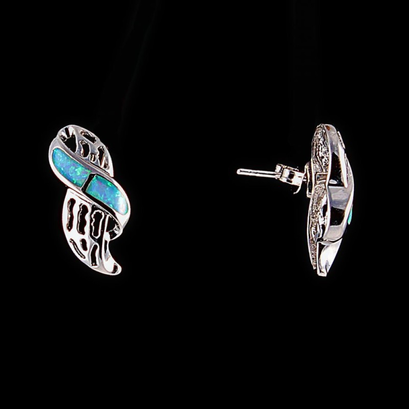 Cercei cu știft, model dantelat, inserție opal albastru (artificial), culoare argintiu/20×10 mm