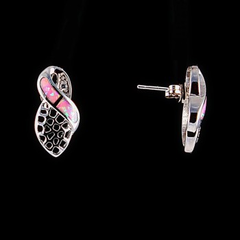 Cercei cu știfturi, design dantelat, inserție opal roz artificial, culoare argintie, 20×10 mm