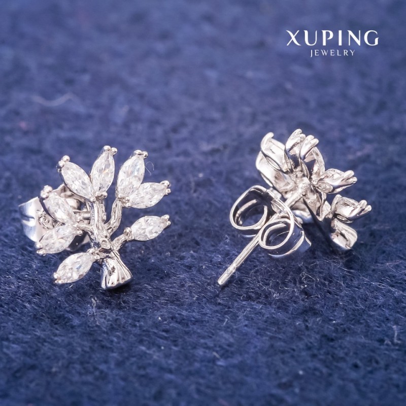 Cercei Xuping, cercei cu știft, bile, Copac cu pietre albe, 12×13 mm, rodiu