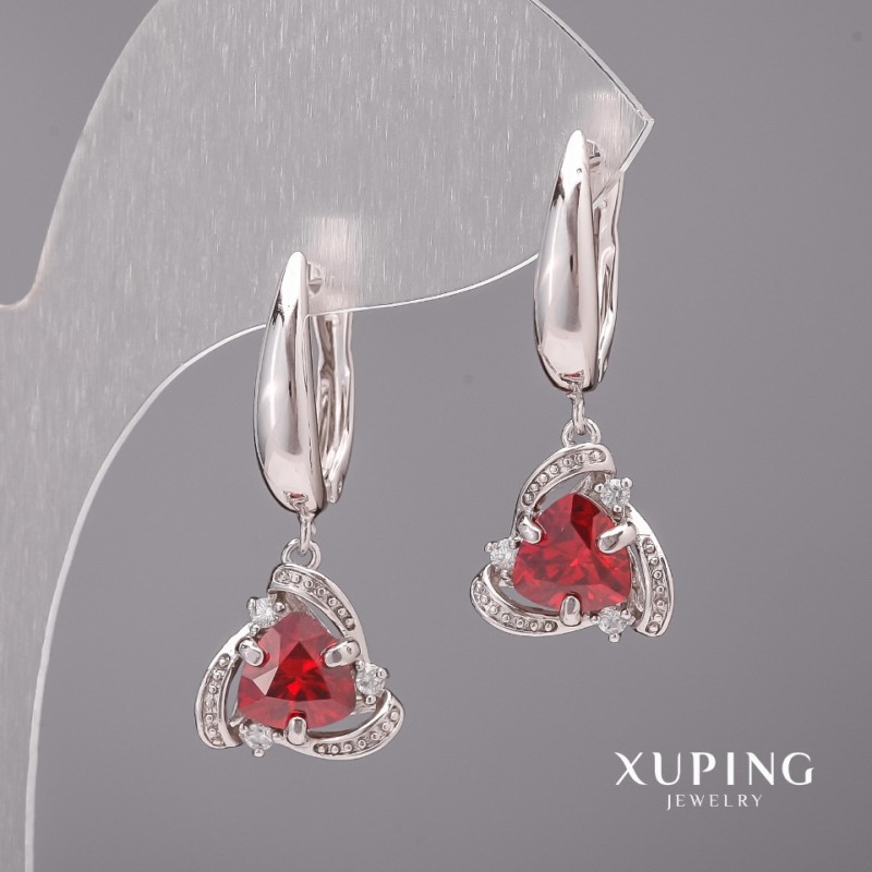 Cercei Xuping cu pietre roșii 12x28 mm placare cu rodiu