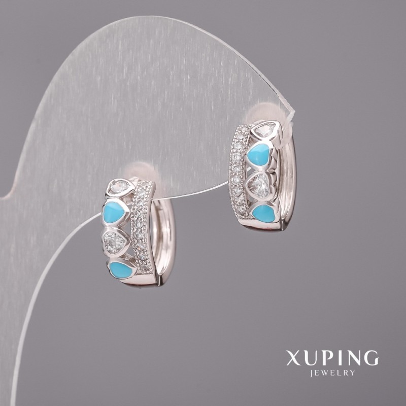 Cercei Xuping cu pietre albe și email albastru, 6×15 mm, rodiu
