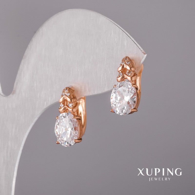 Cercei Xuping cu piatră albă, 7x16 mm, placare cu aur de 18K