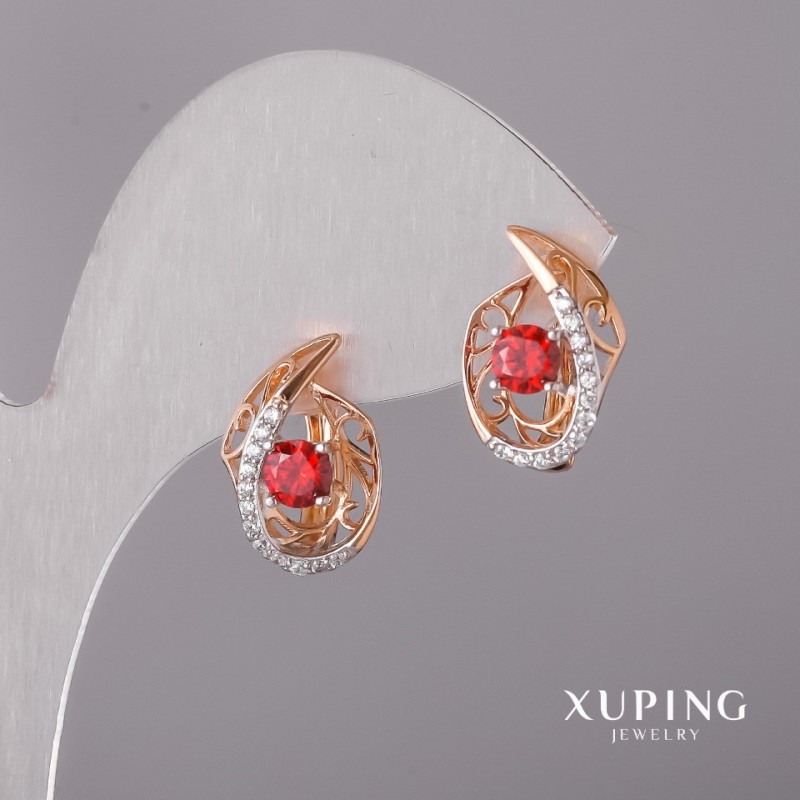 Cercei Xuping cu piatră roșie, 10x16 mm, rodiu, placare cu aur 18k