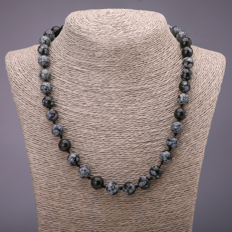 Colier din piatră naturală Obsidian de zăpadă «Lacrimi de Apache» - mărgele netede, diametrul 10 mm (±), lungime 50 cm