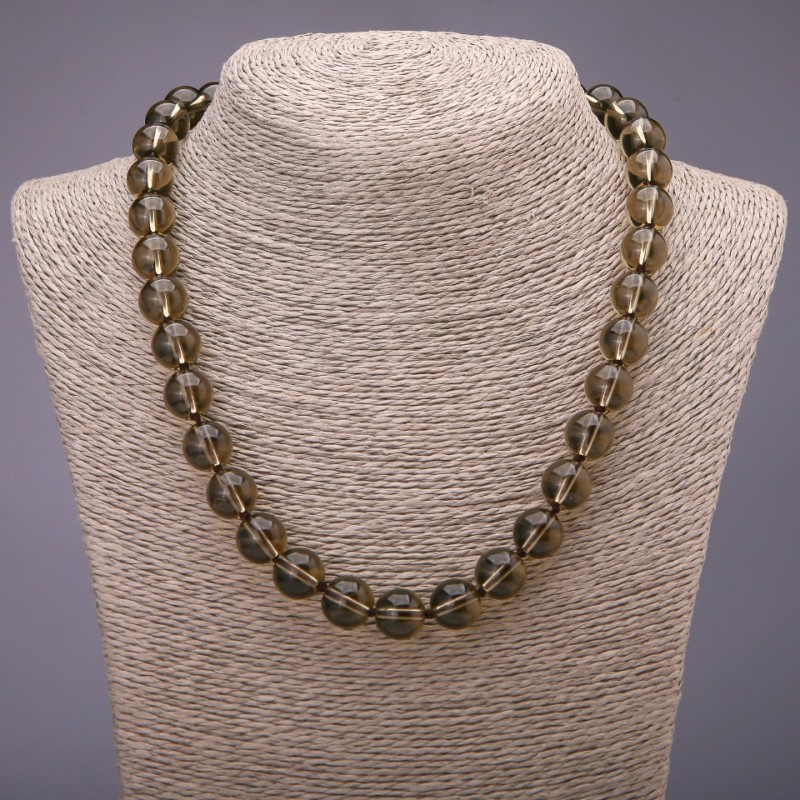 Colier din topaz fumuriu (artificial) - mărgele sferice netede, diametrul de 12 mm, lungime 46 cm