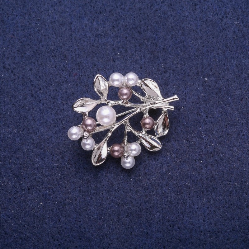 Brosă Ramură cu perle, metal argintiu 28x35mm