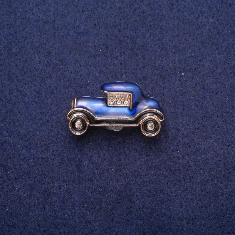 Broșă «Mașină», email albastru închis cu strasuri, metal auriu, 17×29 mm