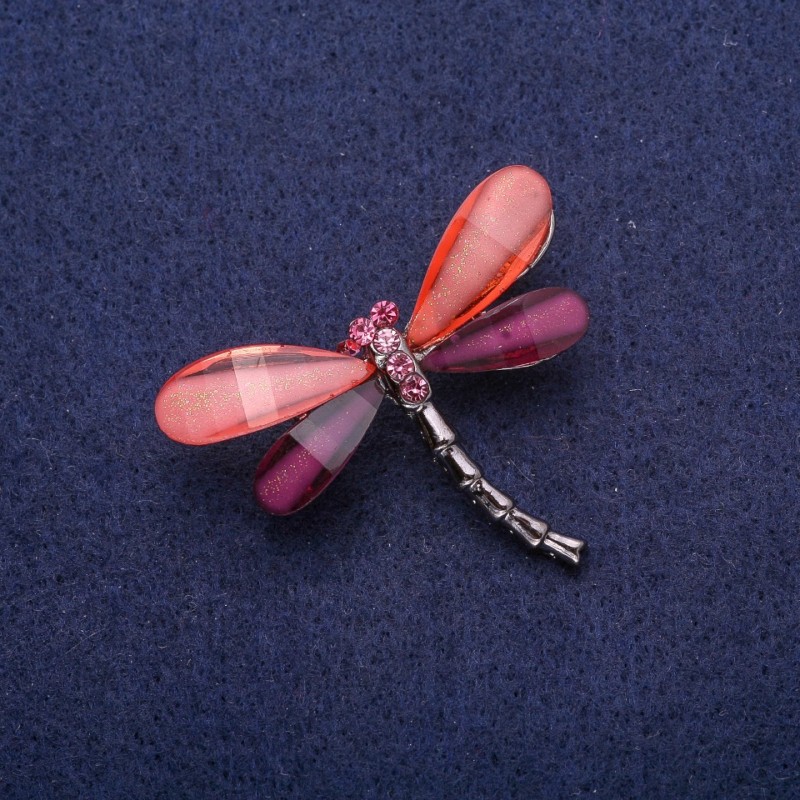 Broșă în formă de libelulă cu cristale, metal argintiu 32×43 mm