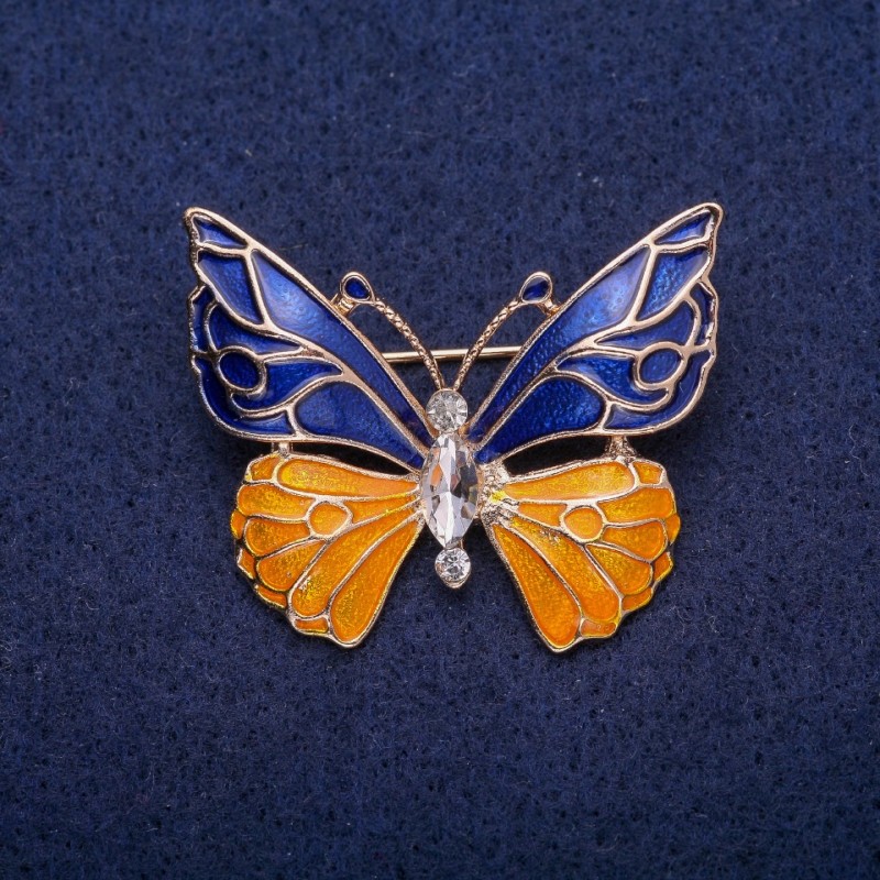 Broșă Fluture, email albastru-galben, cristal alb, metal auriu 30×36 mm