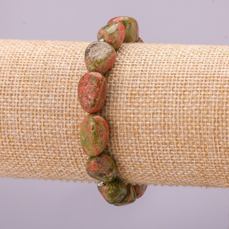 Brățară elastică din jasper heliotrop (Unakit) cu suprafață șlefuită, diametru 8x14 mm (±), lungime 18 cm