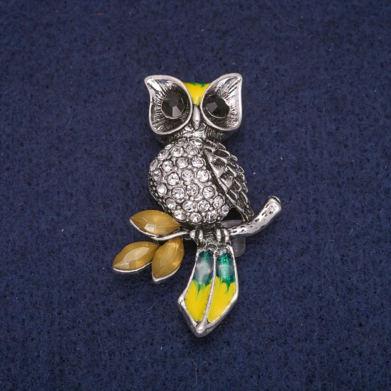 Broșă Bufniță cu cristale, metal argintiu 27×42 mm