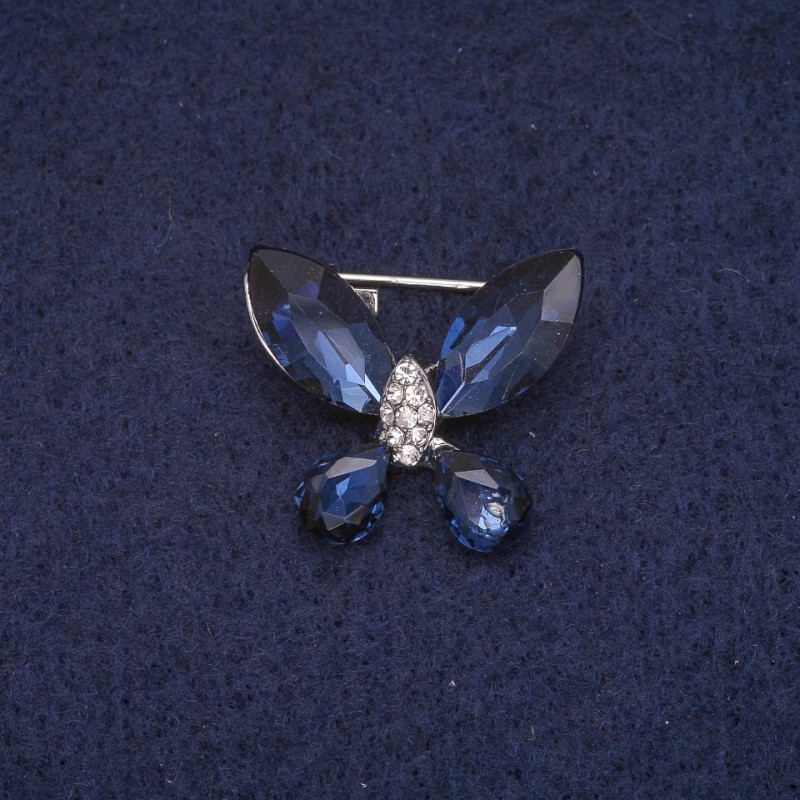 Broșă fluture cu cristale, metal argintiu 20x23 mm