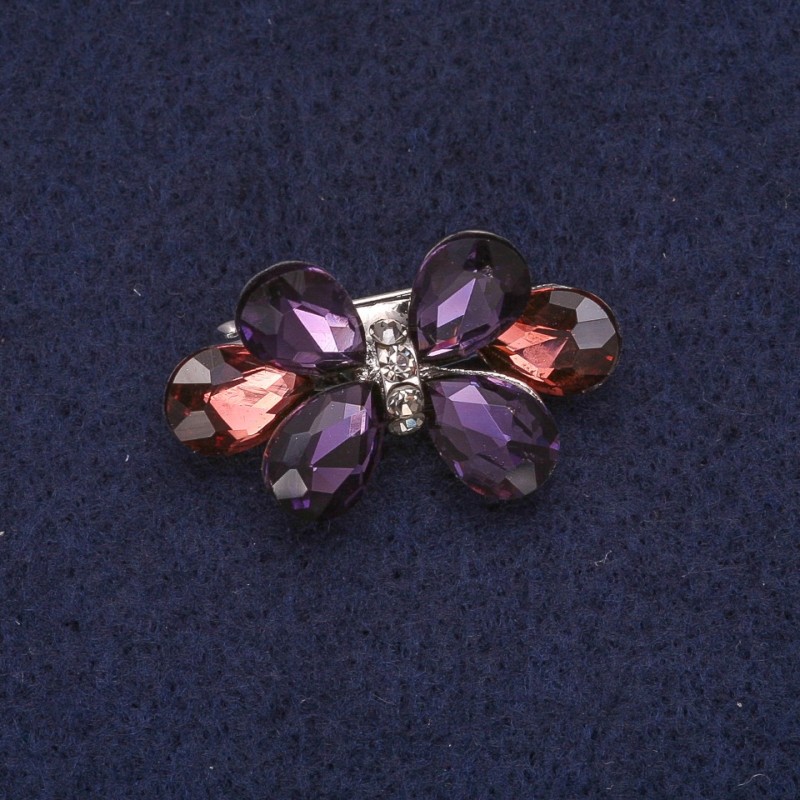 Broșă în formă de fundă cu cristale, metal argintiu, 17×30 mm