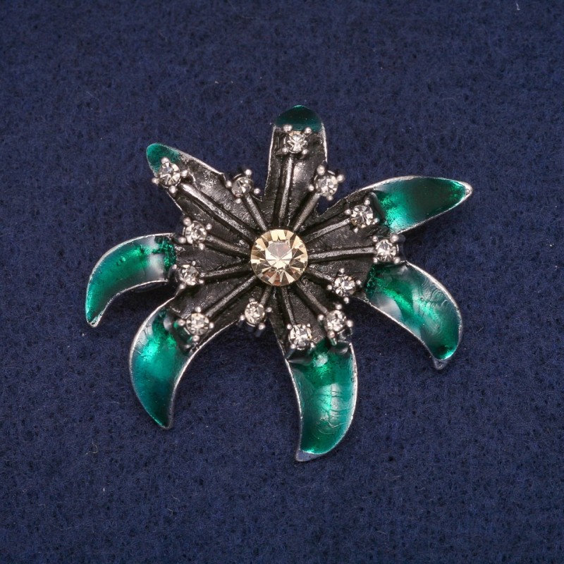 Reducere! Broșă Floare cu email verde și strasuri, metal gri 37×41 mm