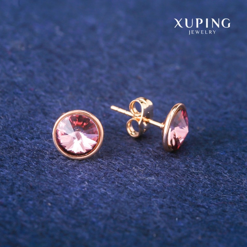 Cercei știft rotunzi Xuping cu cristale Swarovski, culoare lila, diametrul 10 mm, placare 18K