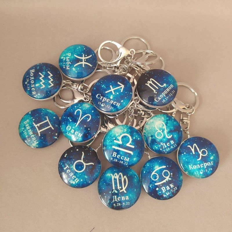 Brelocuri fosforescente zodiacale, diametrul 3,5 cm, lungimea 9 cm, set de 12 buc