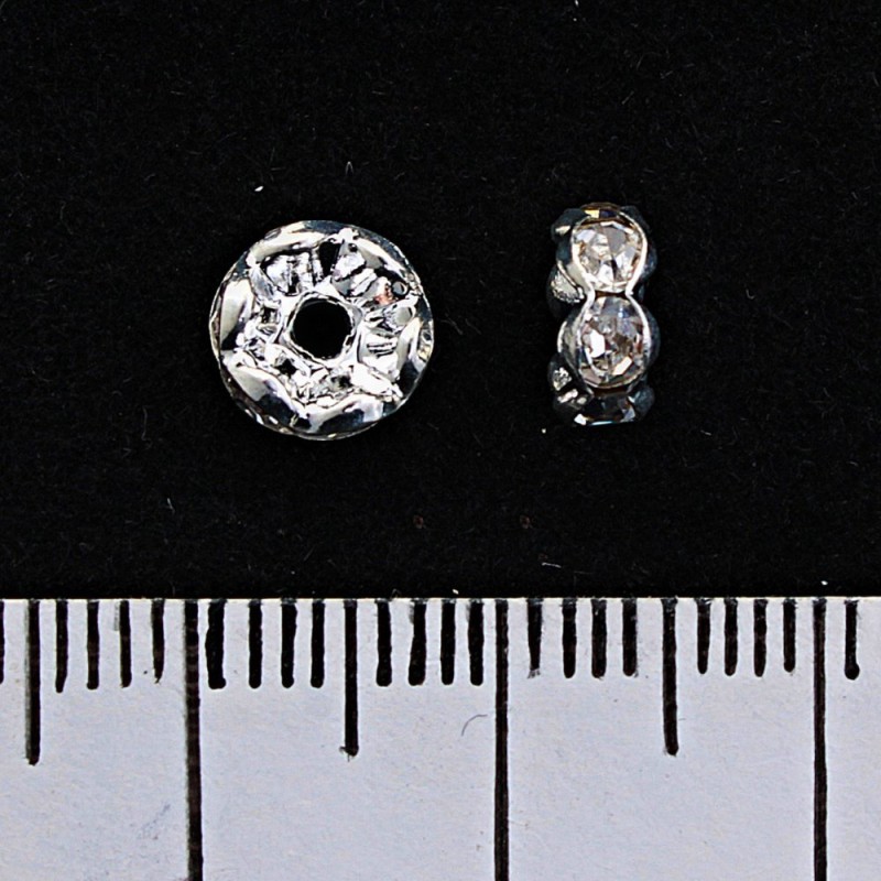 Distanțier rondel cu cristale albe, culoare argintiu, 6 mm, 100 buc./pachet