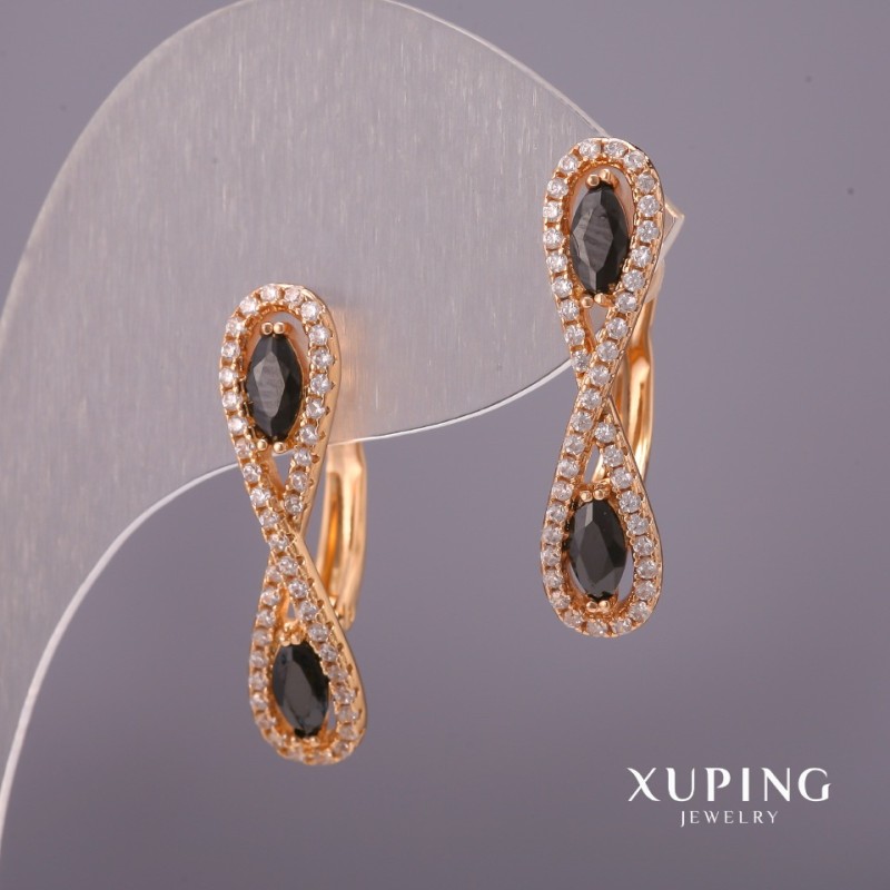 Cercei Xuping cu strasuri albe și pietre negre, 6×25 mm, placare cu aur 18K