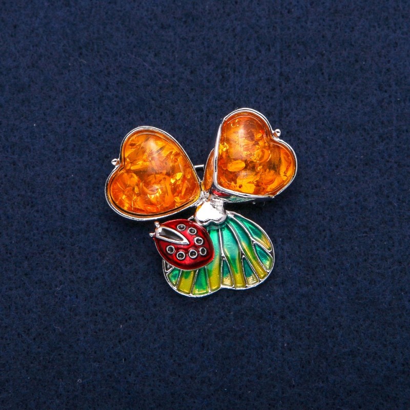 Broșă-pandantiv Buburuză cu cabochonuri de chihlimbar sintetic, email, metal argintiu 35x37 mm