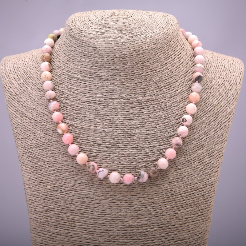 Colier din piatră naturală opal roz, bile netede, diametru 8 mm (±), lungime 45 cm