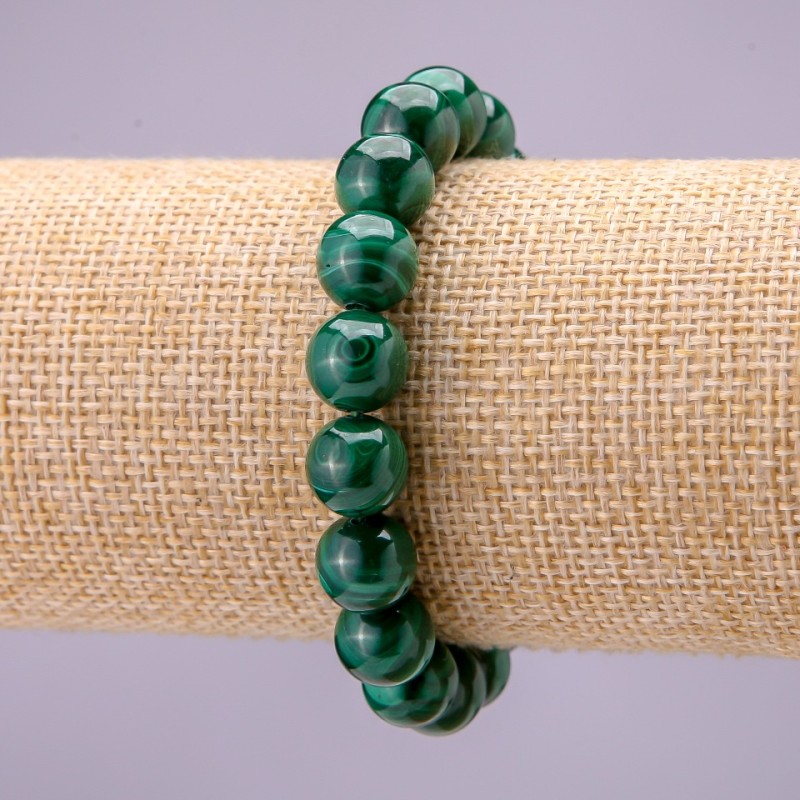 Brățară din malahit natural, bile netede, diametrul 10 mm (±), pe elastic, lungime 18 cm