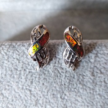 Cercei cu știfturi filigranți, inserție opal artificial, culoare argintiu/20x10 mm