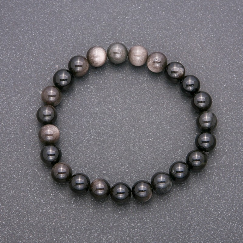 Brățară din piatră naturală, obsidian argintiu, pe elastic, bile netede, diametrul de 8 mm, lungimea 18 cm