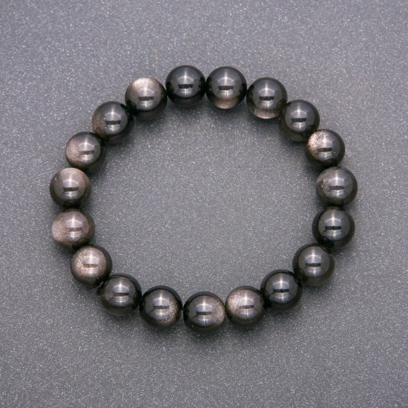 Brățară din obsidian argintiu natural, pe elastic, bile netede, diametrul aproximativ de 10 mm, lungime 18 cm