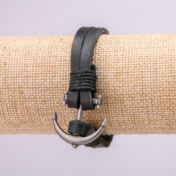 Brățară pentru bărbați Ancoră cu inserții metalice, lungime 21 cm, grosime 10 mm, piele ecologică, culoare neagră