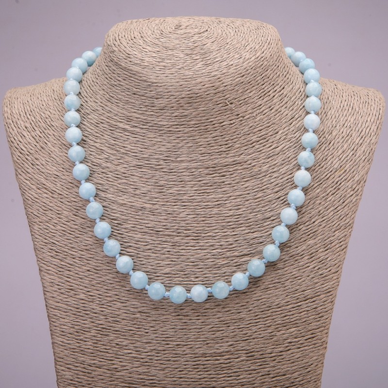 Colier din piatră naturală, acvamarin, mărgele netede, diametrul 8 mm (±), lungime 45 cm