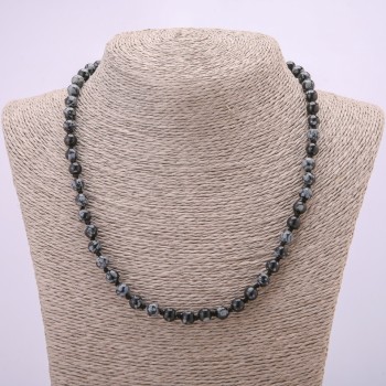 Colier din piatră naturală «Lacrimi Apache» din obsidian de zăpadă, bile netede, diametrul aproximativ 6 mm, lungime 48 cm