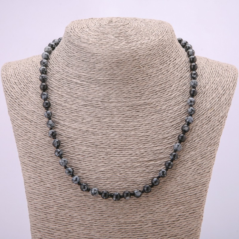 Colier din piatră naturală «Lacrimi Apache» din obsidian de zăpadă, bile netede, diametrul aproximativ 6 mm, lungime 48 cm