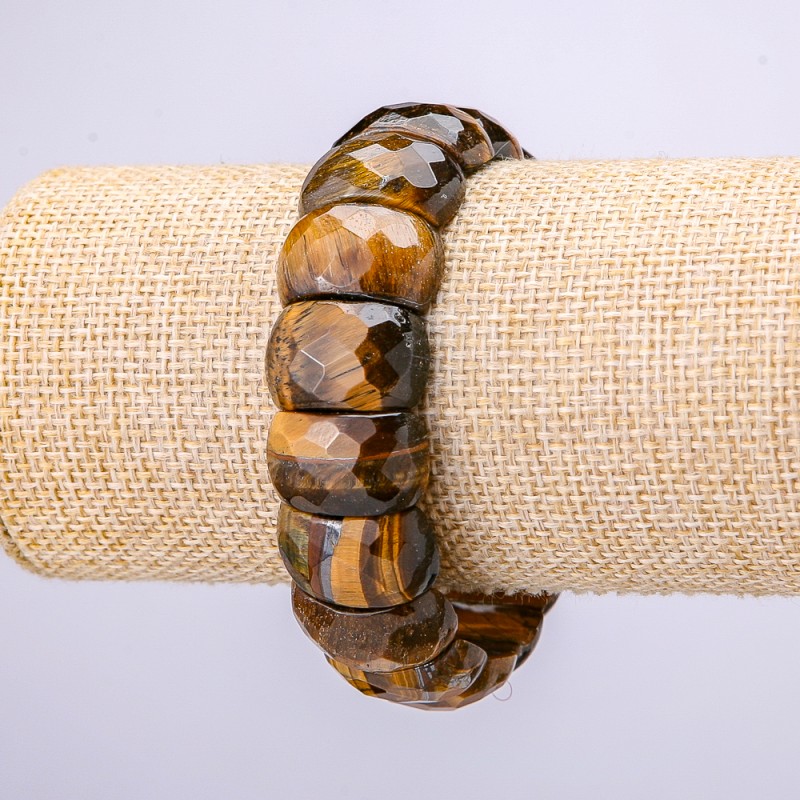 Brățară pe elastic, zale fațetate, ochi de tigru, diametrul 20×13 mm, circumferința 18 cm