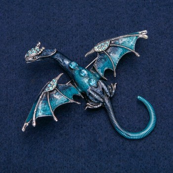 Broșă-colier Dragon, metal argintiu cu email albastru și strasuri albastre petrol, 90x78mm +