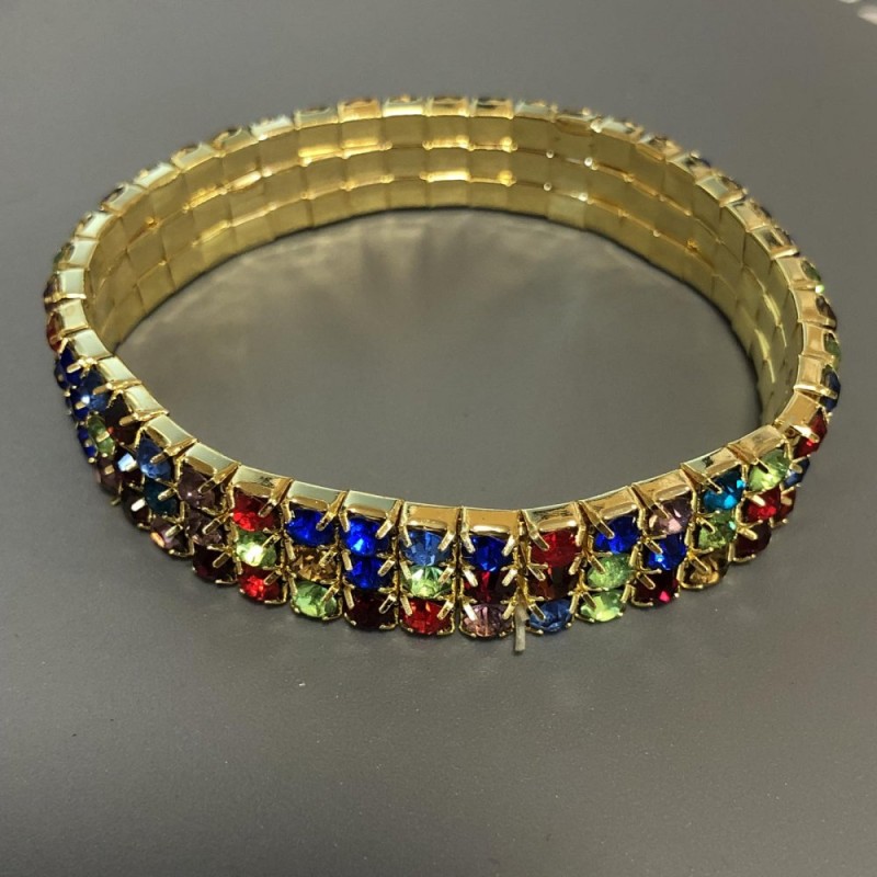Brățară cu strasuri pe elastic, metal auriu, strasuri colorate