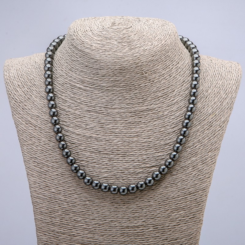Colier din hematit, mărgele lucioase, diametrul de aproximativ 8 mm, lungime 45 cm